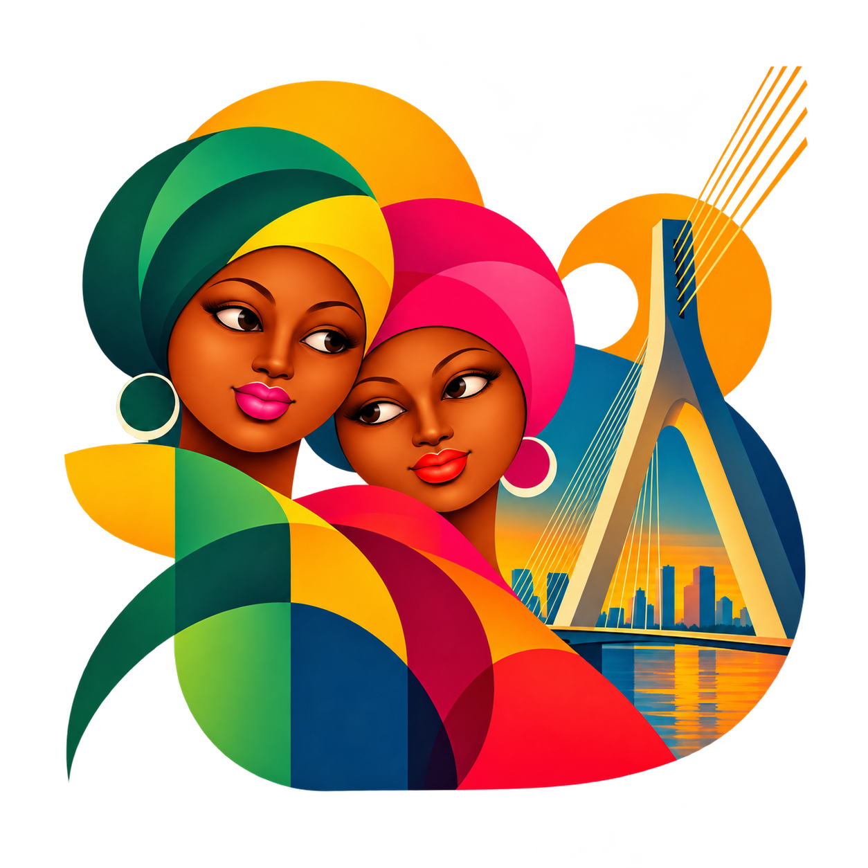Deux femmes aux coiffes verte et rose, pont et silhouette urbaine d’Abidjan, sur fond transparent